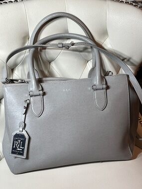 Ralph Lauren Light Gray Leather Satchel with Detachable Crossbody Strap